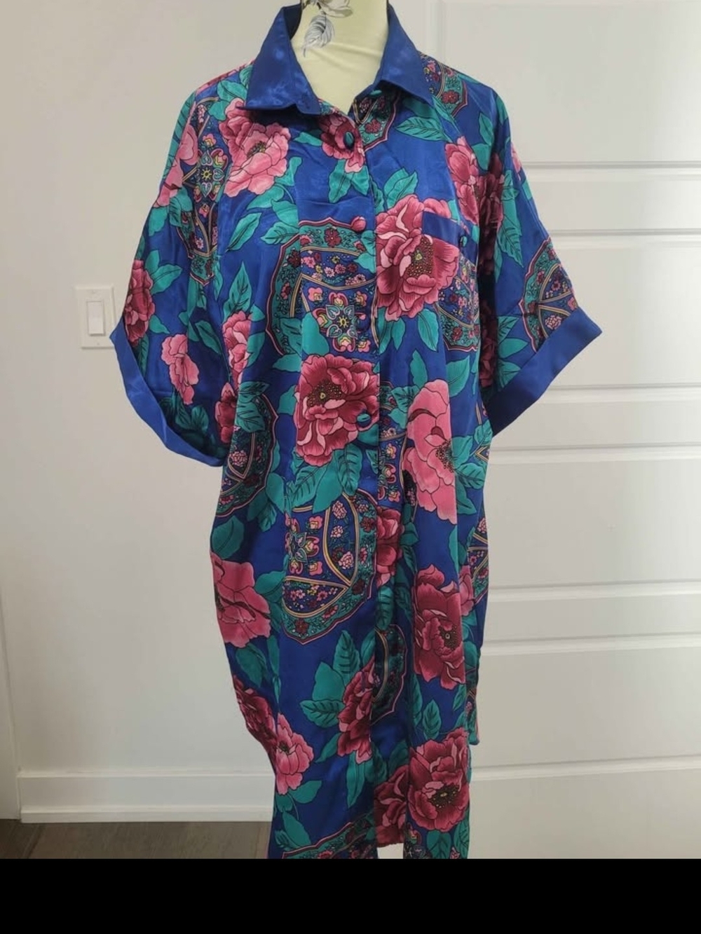 Kathryn Vintage Vibrant Blue Floral Button-Up Shirt Night Dress